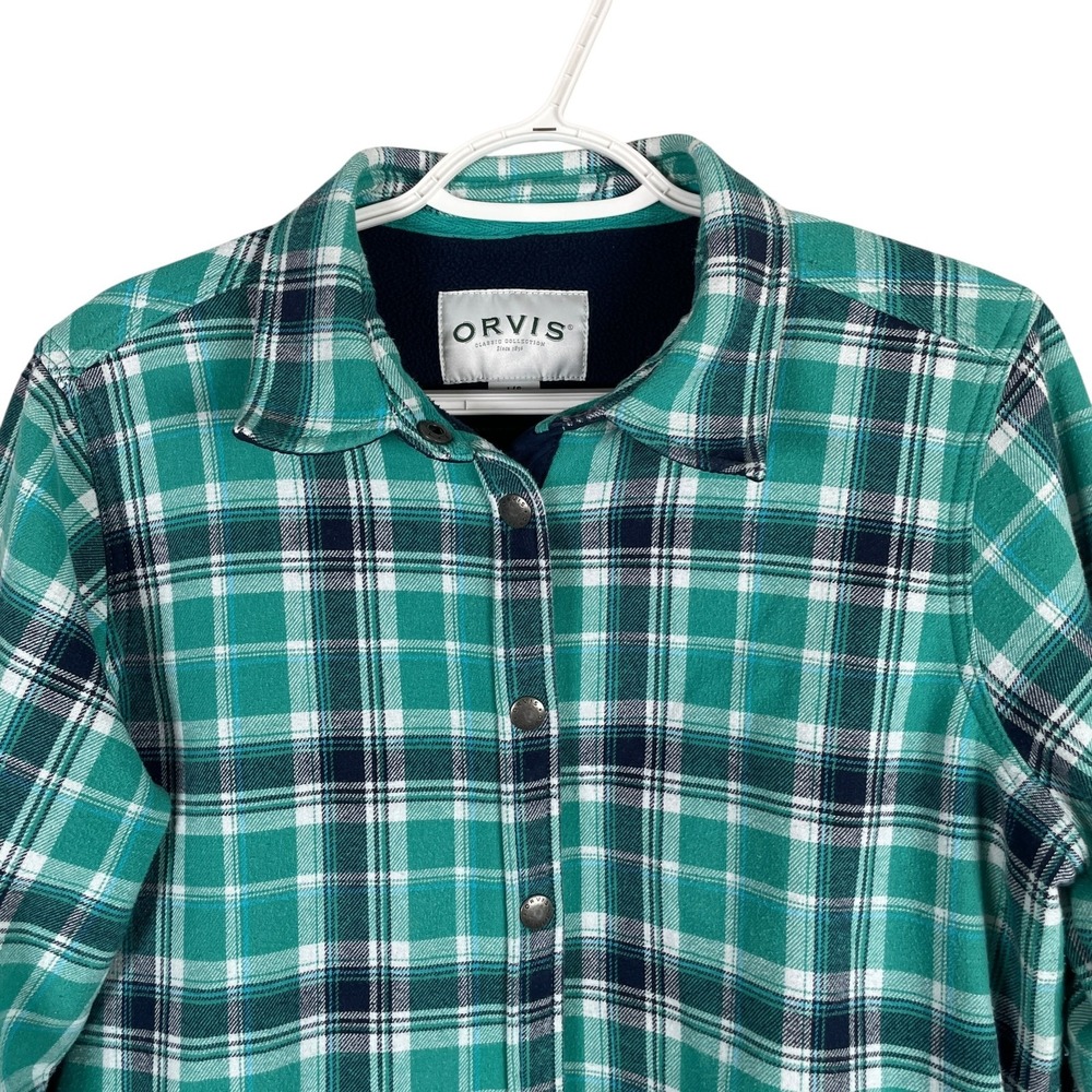 Orvis Fleece‎ Lined Shacket Shirt Jacket Womens L Green Blue Plaid Snaps Pockets - Picture 2 of 7